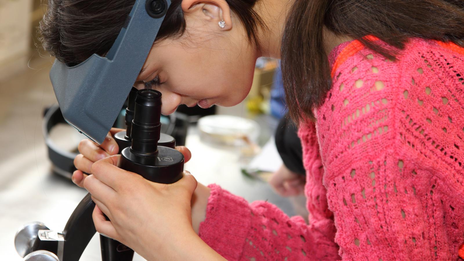 A middle school student observes plants under a microscope during a field trip